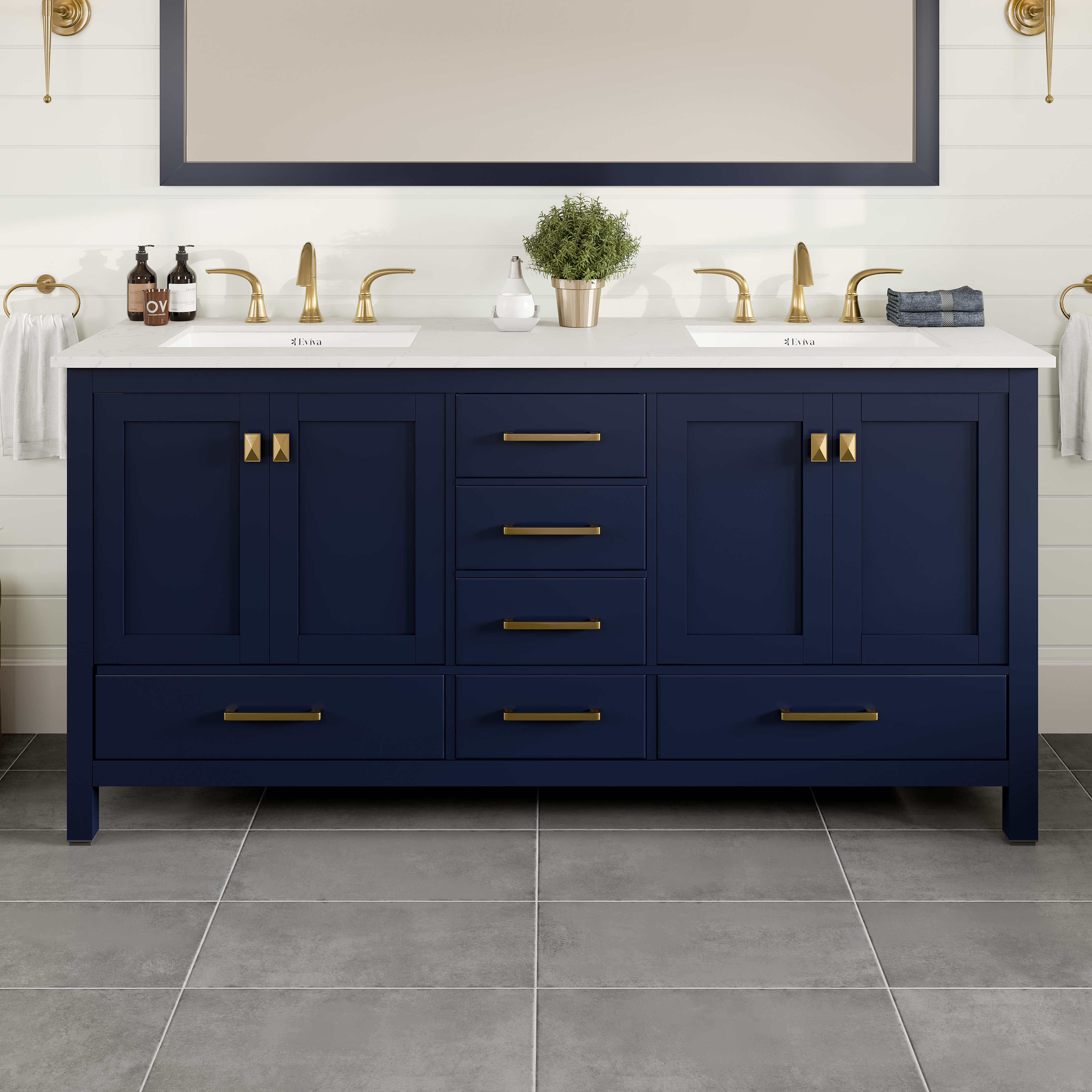 Eviva Aberdeen 72"W X 22"D Blue Double Sink Bathroom Vanity With White ...
